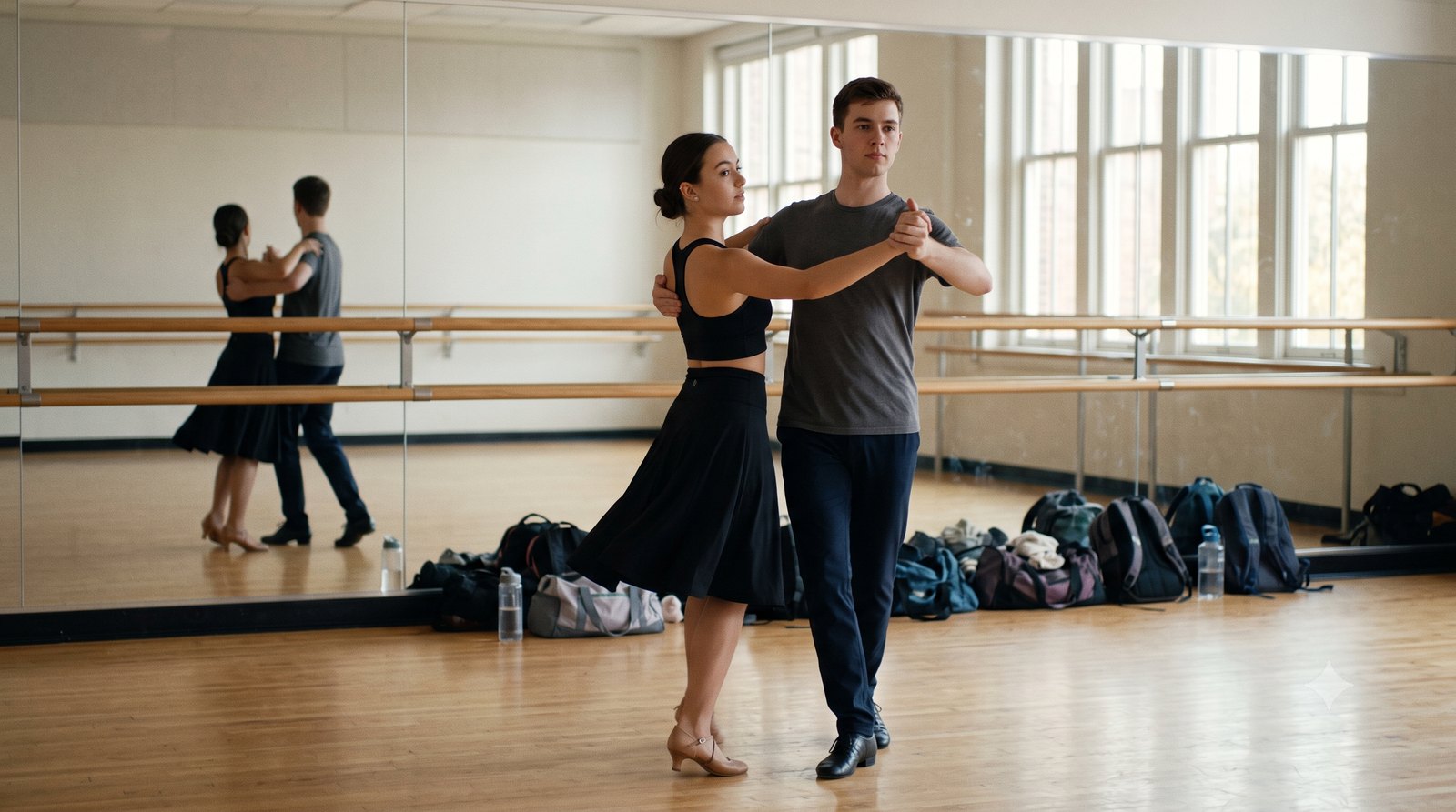 A collegiate ballroom couple practicing in a university studio — the submitted video under review