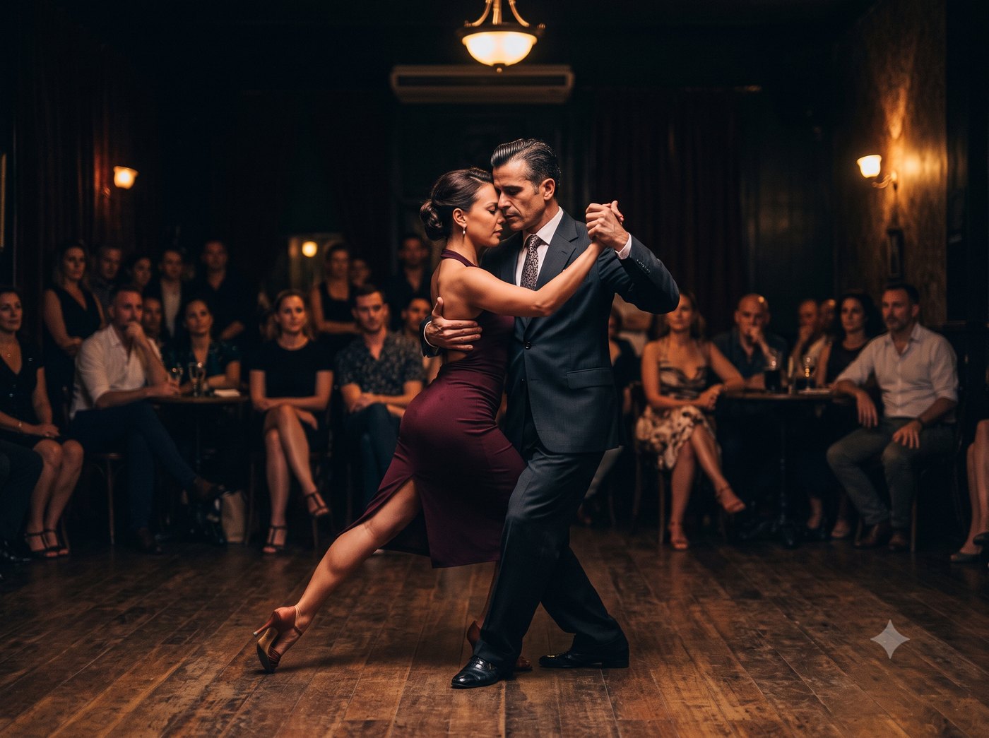 Argentine tango couple in a close embrace