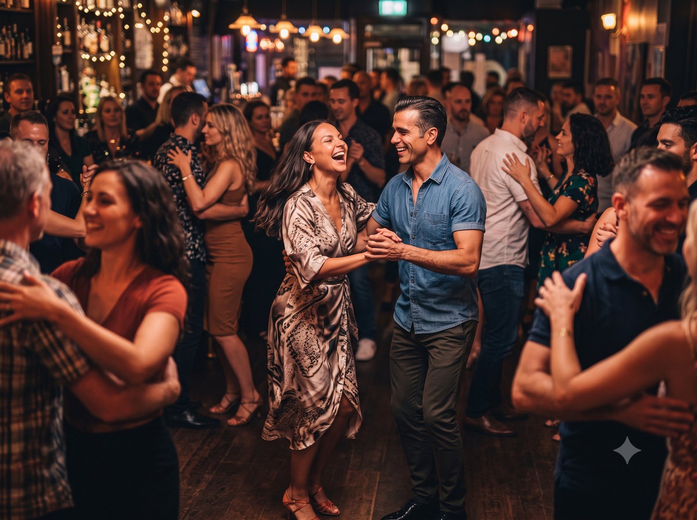 Couple dancing socially under nightclub lights