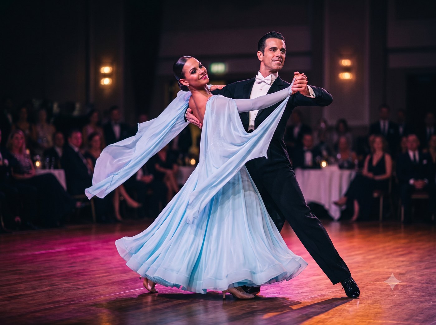 Couple in formal wear dancing in closed hold