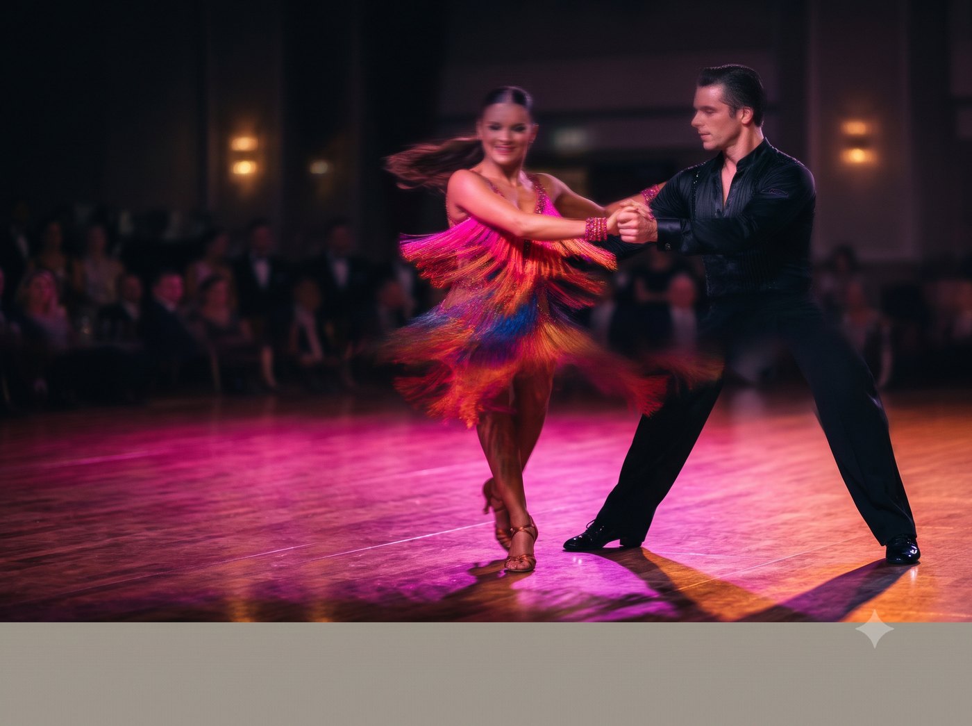 Latin couple mid-performance in dramatic lighting